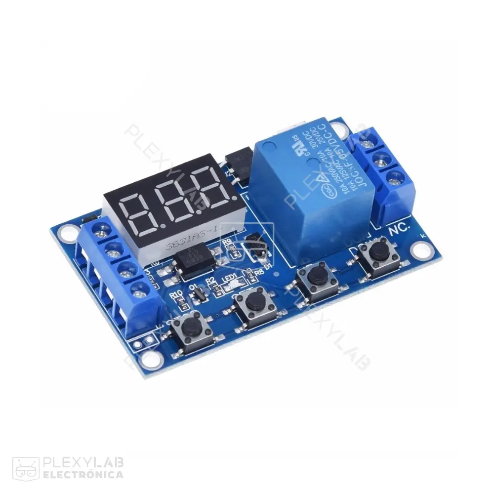 Módulo relé temporizador digital, con trigger y retardo ajustable, display de 3 dígitos y botones de configuración, alimentación micro USB o entrada de 5V a 30V