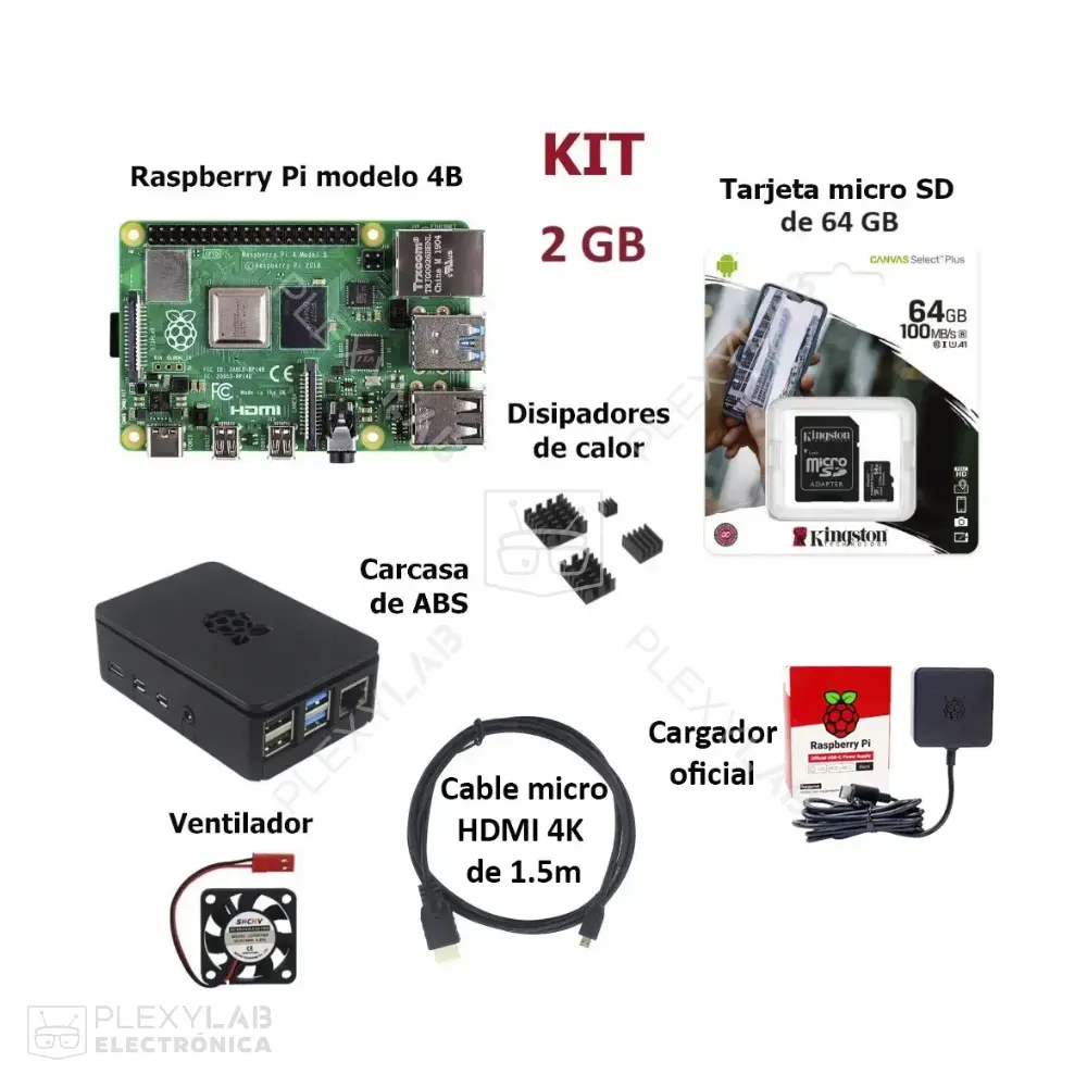 Kit Raspberry Pi 4B, incluye RPi, micro SD 64 GB, carcasa, cable uHDMI 4K, fuente oficial, ventilador y 4 disipadores
