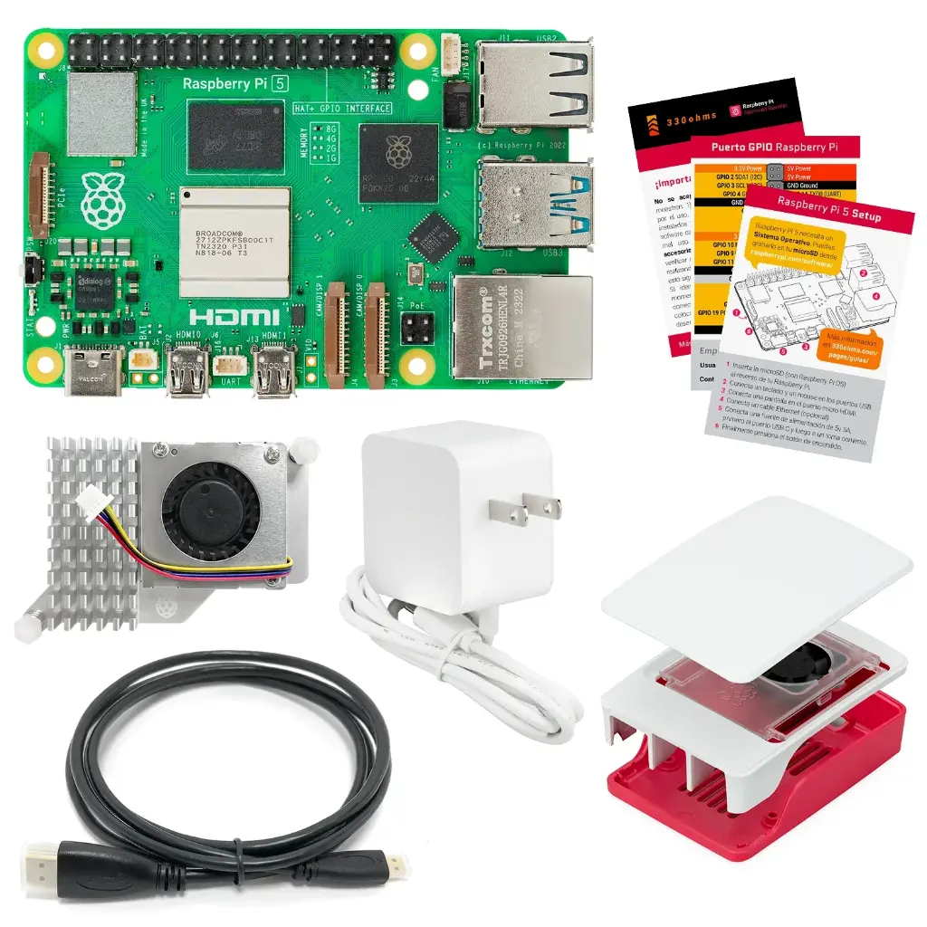 Kit Raspberry Pi 5 - 16 GB, incluye case Oficial, disipador de calor activo y cargador oficial 5.1V 5A 27W USB-C
